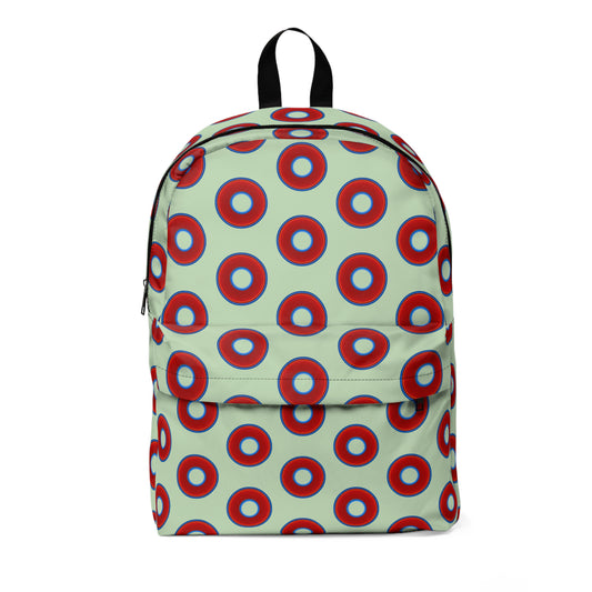 Donut Backpack - red vivid donuts w/seafoam background