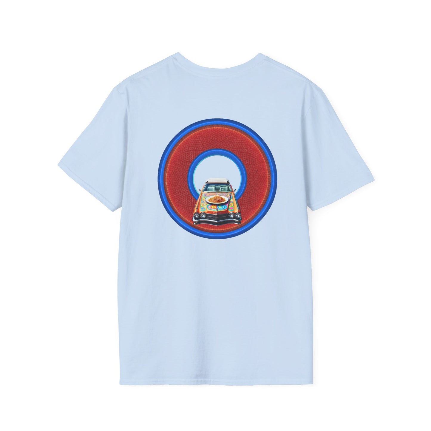Classic Donut Tee - Unisex Soft-Style - "Cadillac Rainbows Spaghetti Incident" - series 1.0  - variant 4 - red/blue donut