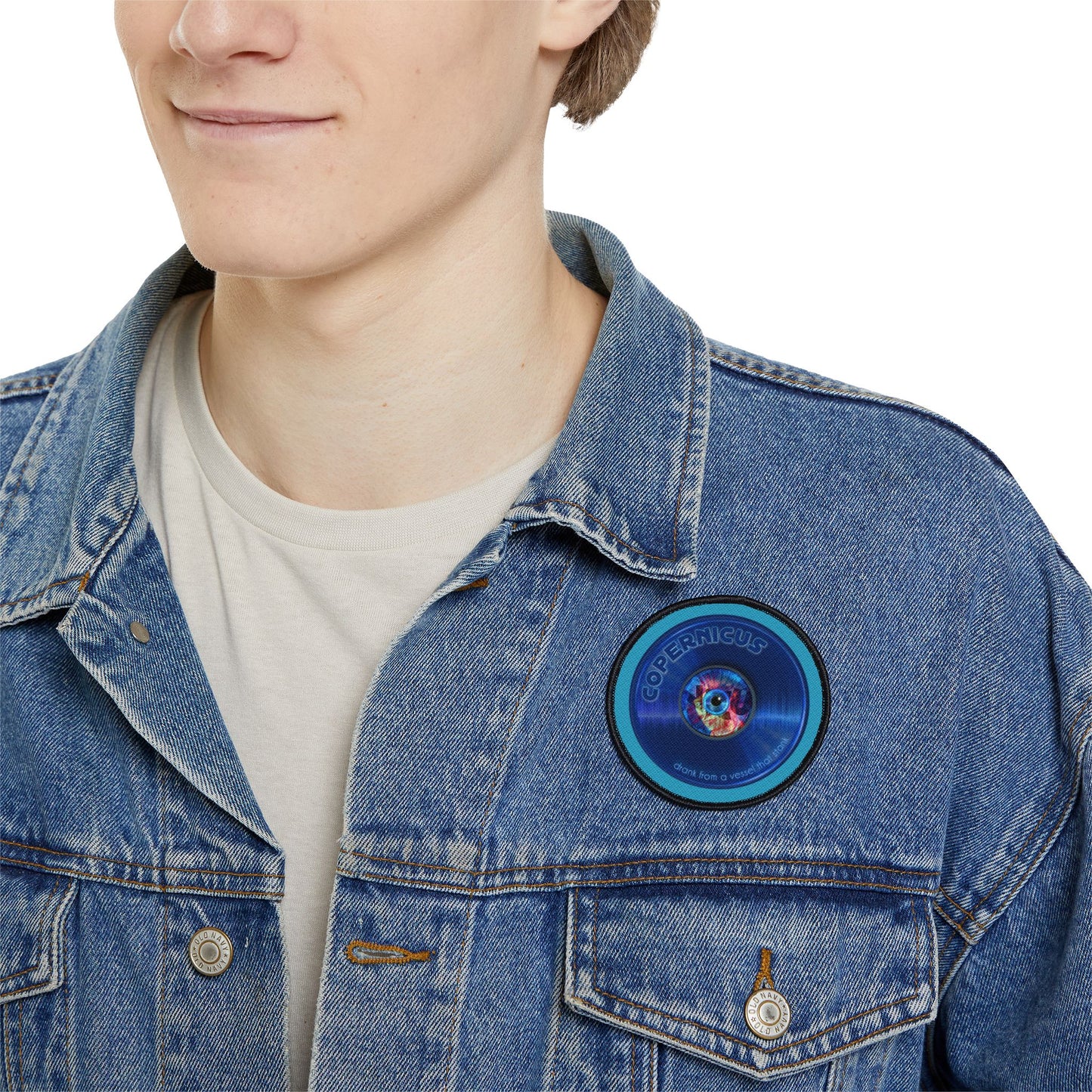 Iron-On Donut Patch - "Drunken Copernicus" - series 1.0 - variant 2 - blue record donut
