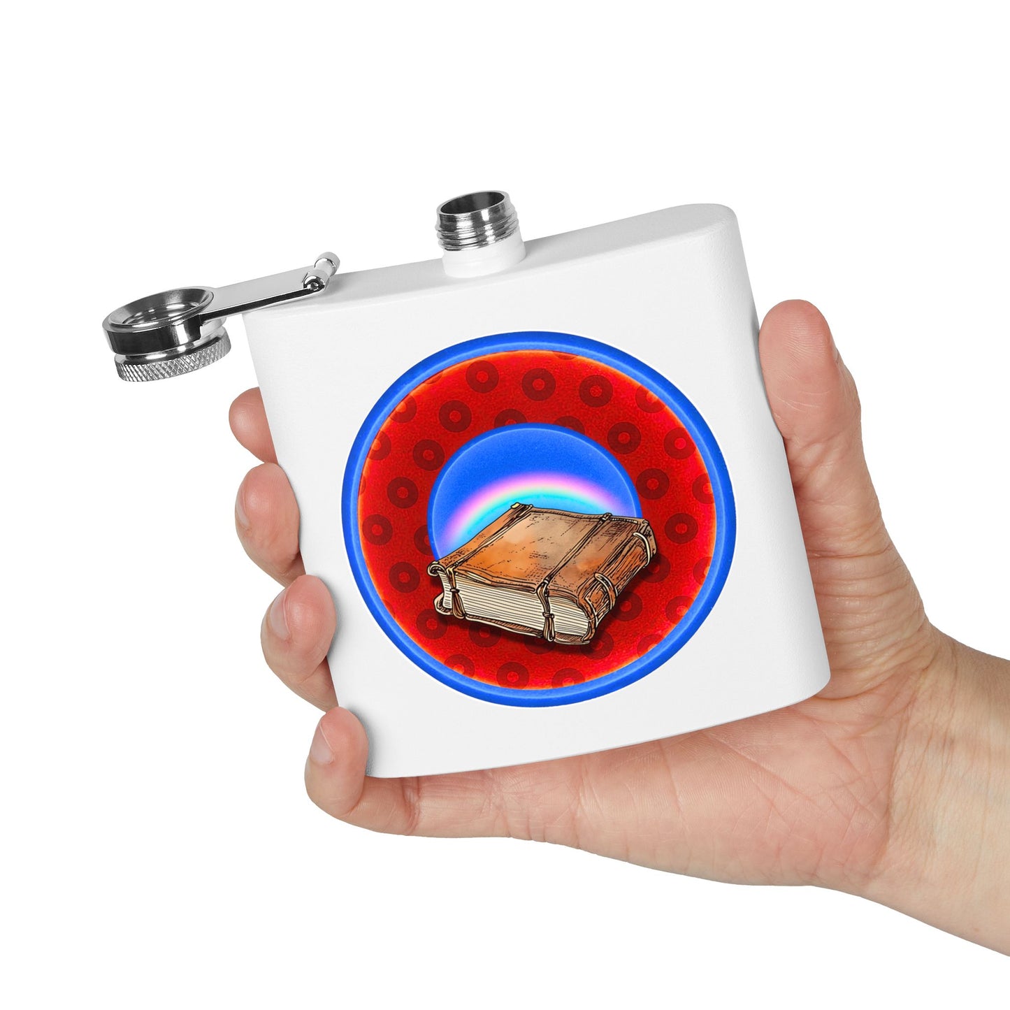 Lump's Donut Flask 6 oz -  "Helping Phriendly Flask" - red/blue widemouthed paradox donut - [*w/your choice of 6 backgrounds]