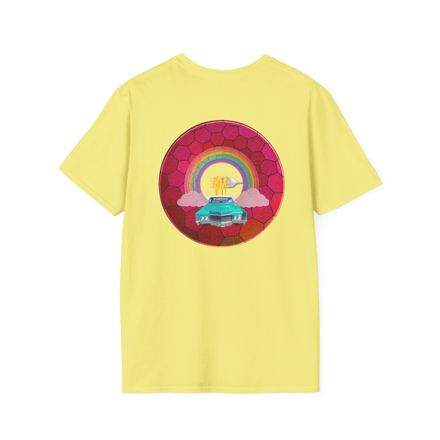 Classic Donut Tee - Unisex Soft-Style - "Cadillac Rainbows Donut Tee" - variant 3 - magenta hexadonut w/mint green caddy