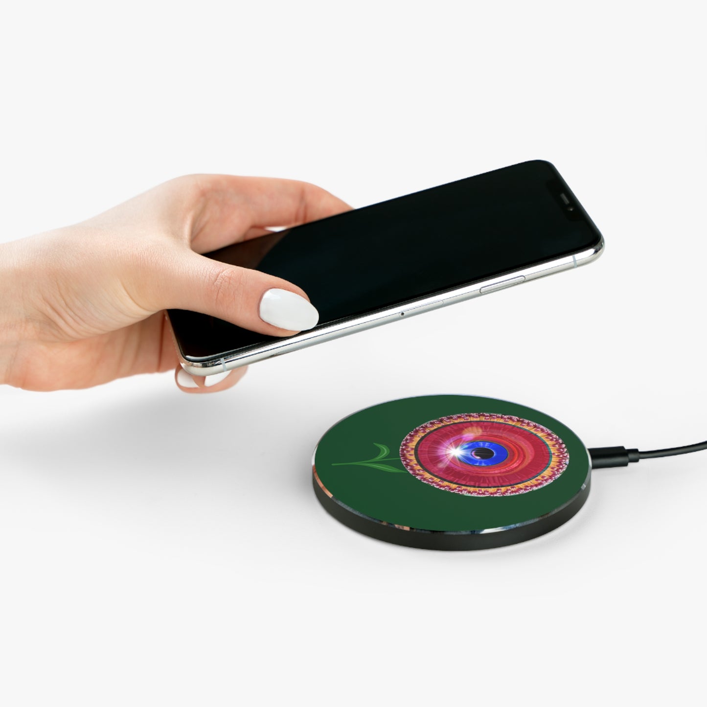 The Flow - Wireless Lumpy Donut Chargers - "Smell the Donuts Wireless Charging" - red flour donut w/deep pond green background - variant 1