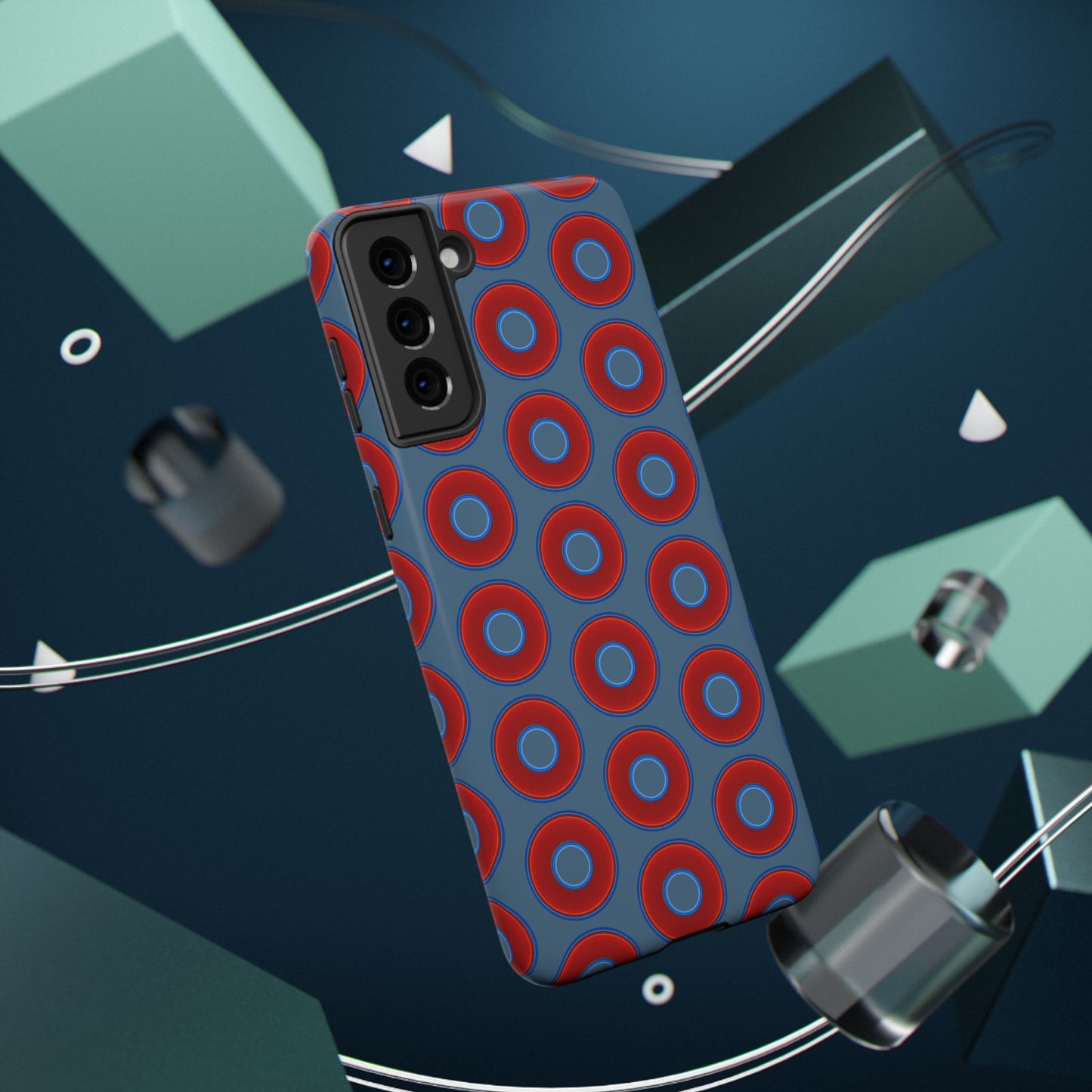 Impact-Resistant Lumpy Donut Case - red vivid donut print w/steel blue background