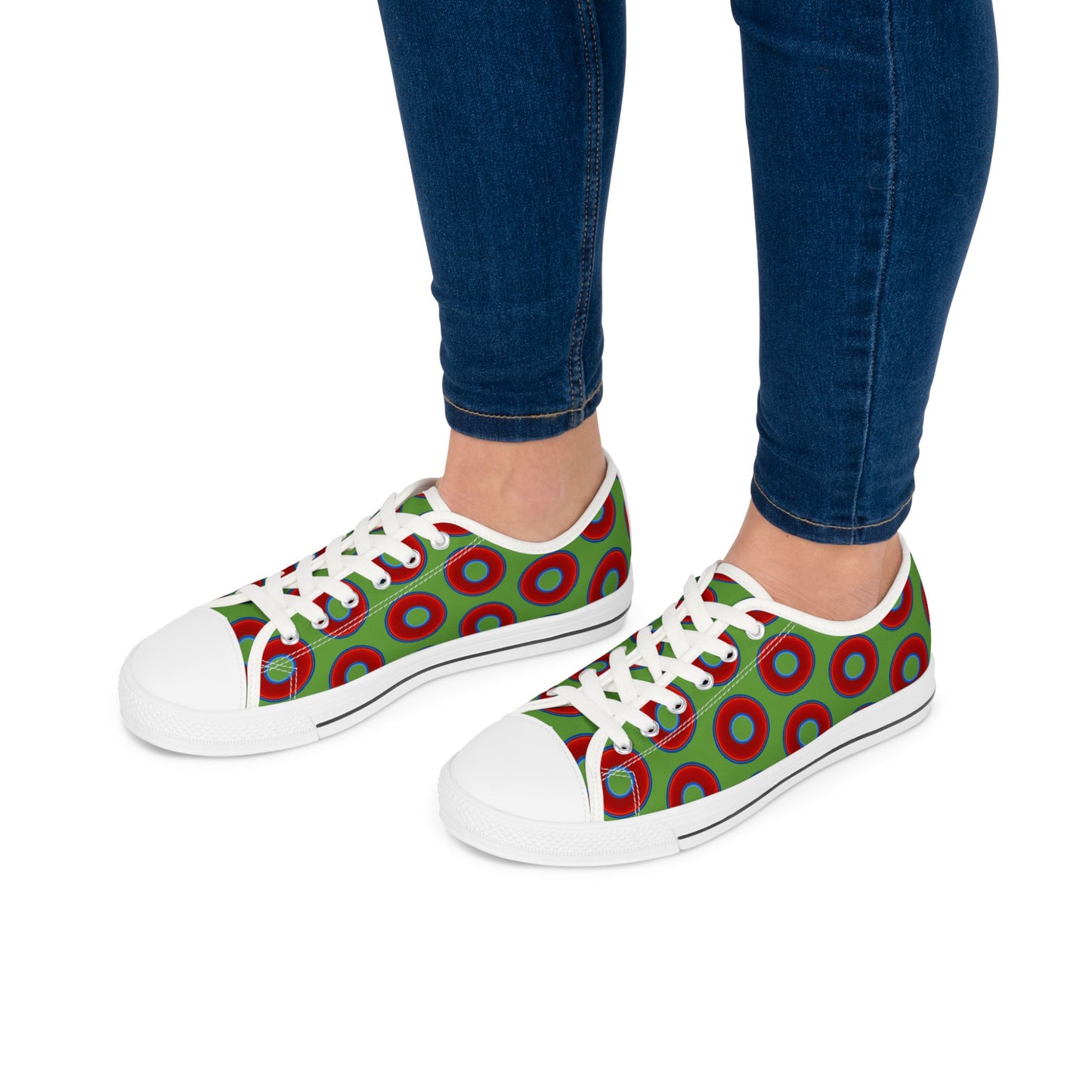 Women's - Low Top Chuck Taylors - large vivid red donut print w/light green background