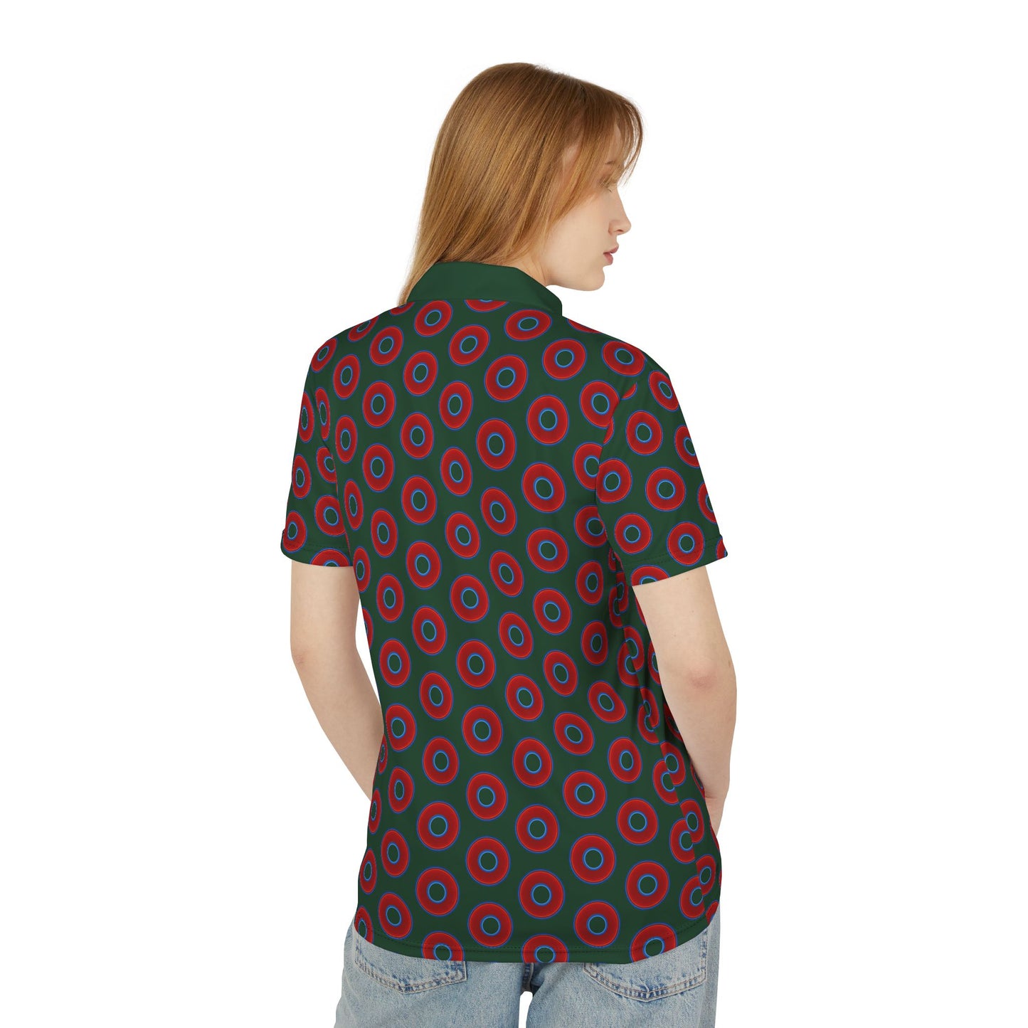 AOP Donut Polo - vivid donut print w/deep pond green background [unisex]