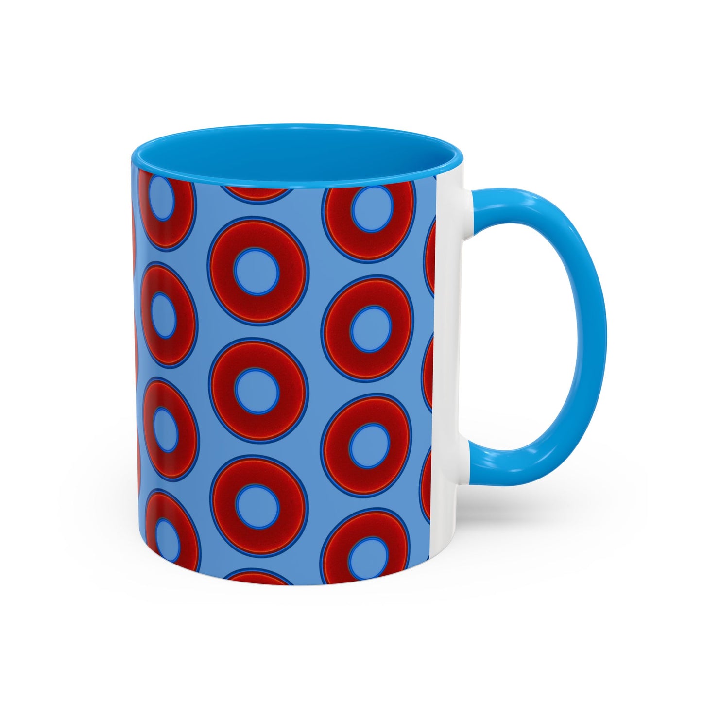 Lump's Grumpy Coffee Mug - vivid red donuts w/light blue background