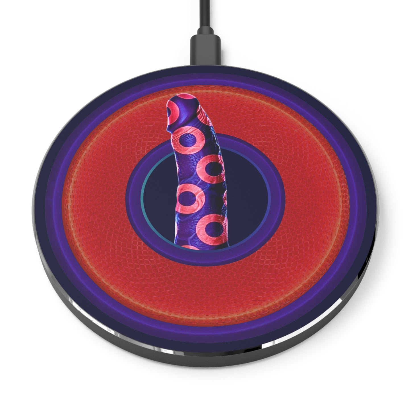 The Flow - Wireless Lumpy Donut Chargers - "Sir Richard's Phamous Donut" - rustic red/navy blue donut w/dark navy background - variant 2