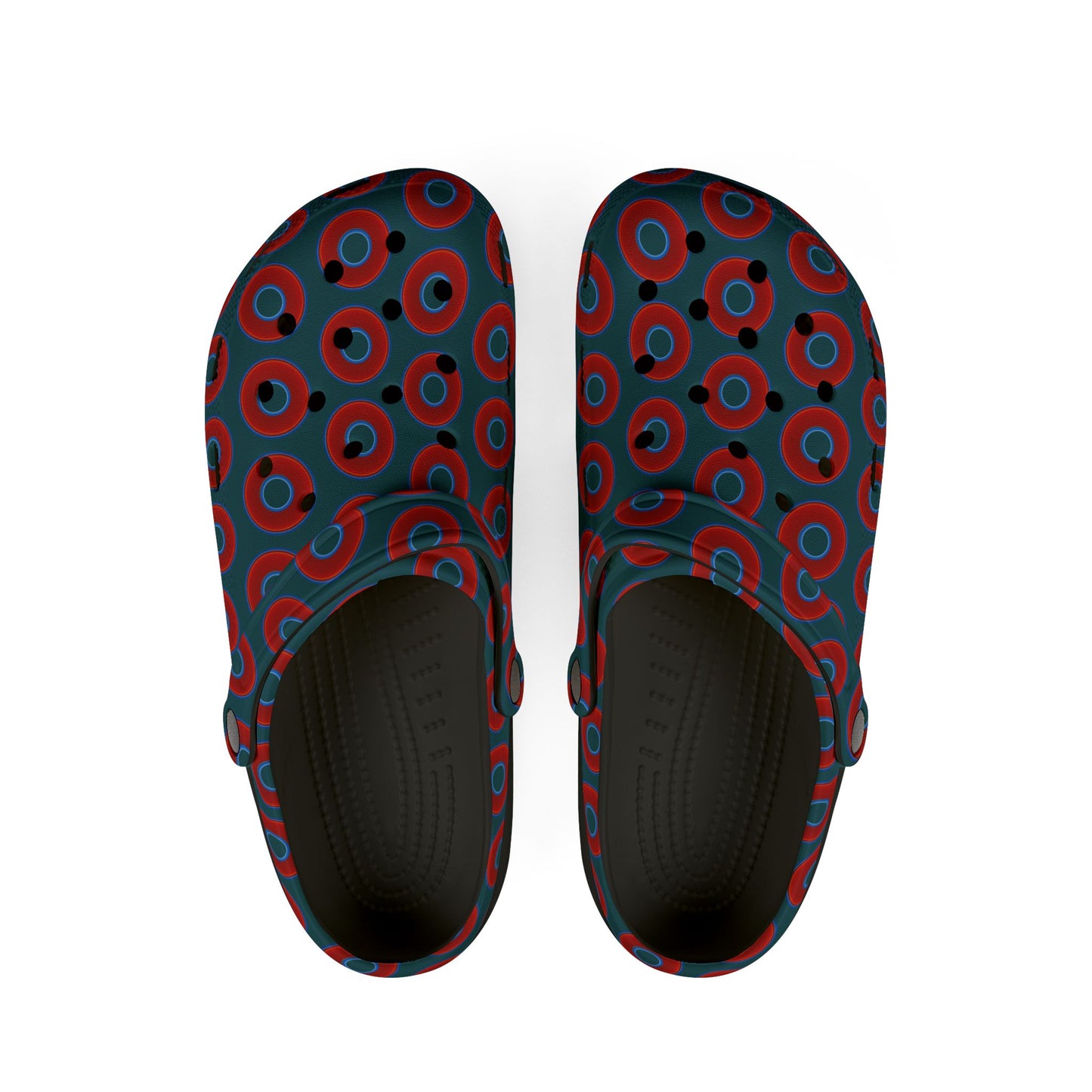 Spatchcocks - donut slip-on shoes - vivid red donuts w/midnight teal green background [unisex]