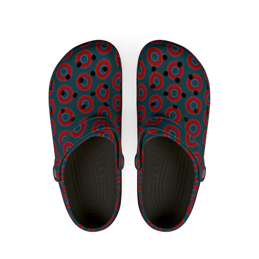 Spatchcocks - donut slip-on shoes - vivid red donuts w/midnight teal green background [unisex]