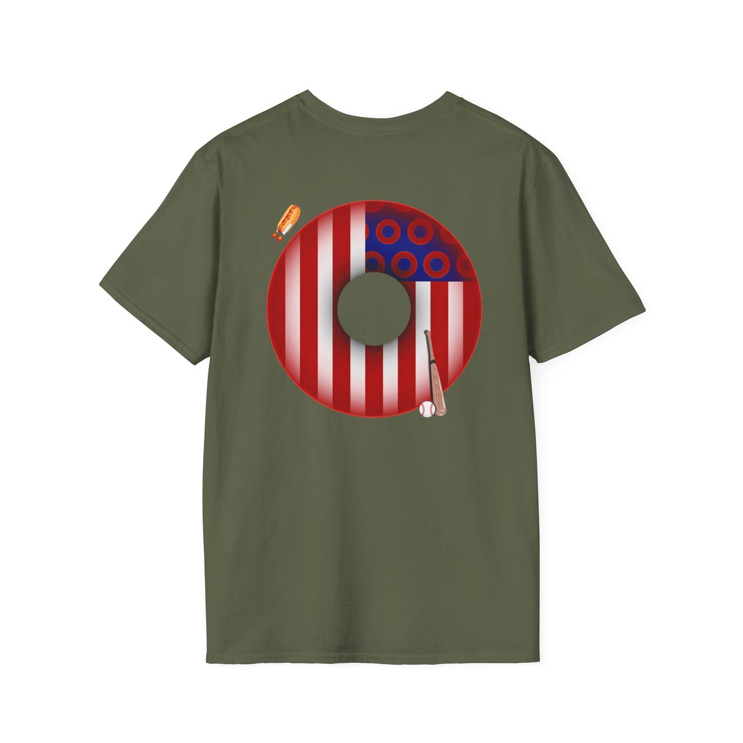 Classic Donut Tee - Unisex Soft-Style - "Uncle Sam's Donuts & Stripes" - vivid flag donut w/raw dogger