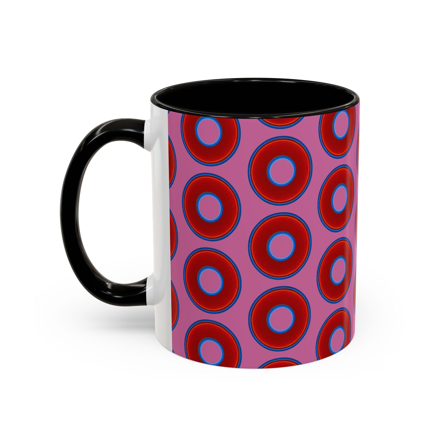 Lump's Grumpy Coffee Mug - vivid red donuts w/pink background