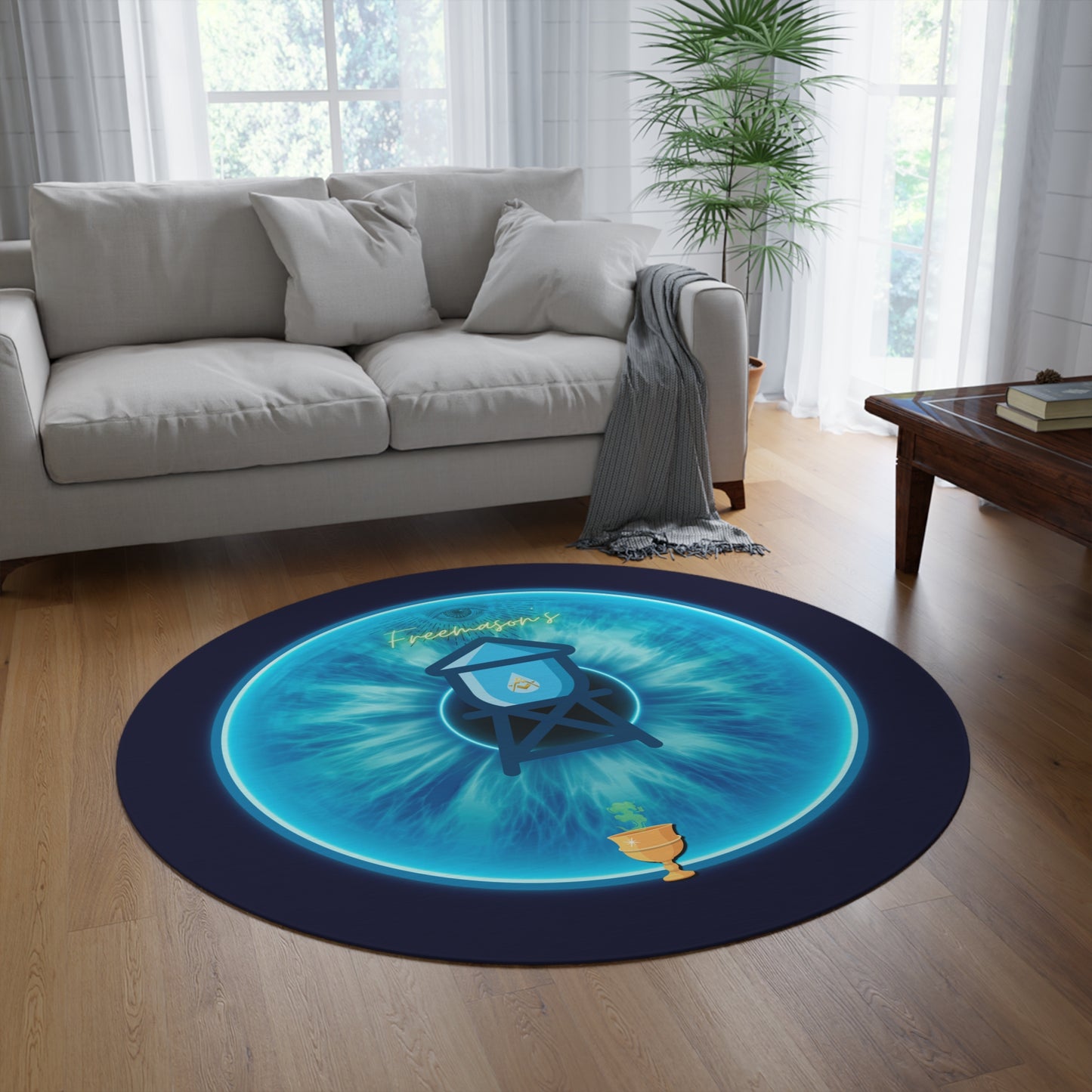 Round Room - 5 ft x 5 ft Lumpy Donut Rug - "The Peering Donut Rug of Opacity" - light blue idonut w/dark navy background - variant 2