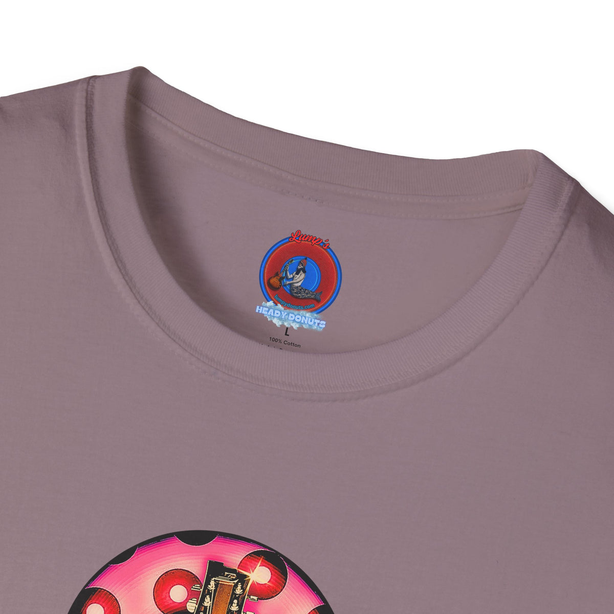 Classic Donut Tee - Unisex Soft-Style - "Would You Be My Donut?" - paradoxical faded magenta/red donut - variant 1