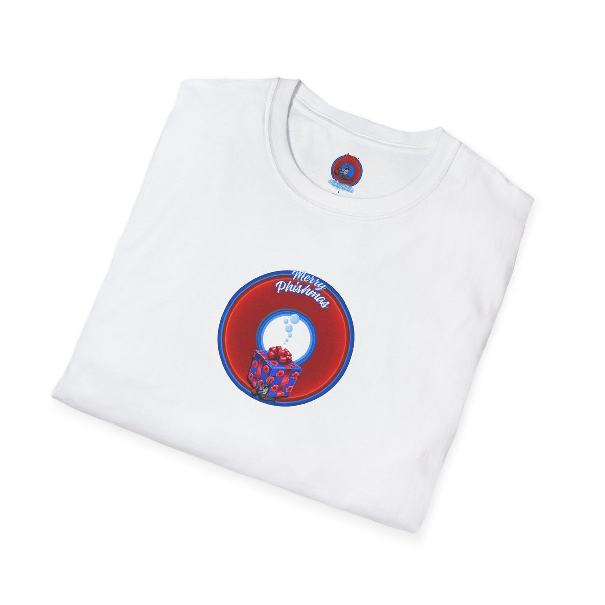 Classic Donut Tee - Unisex Soft-Style - "Phishmas Caroler's Tee " - vivid red/blue donut - variant 2
