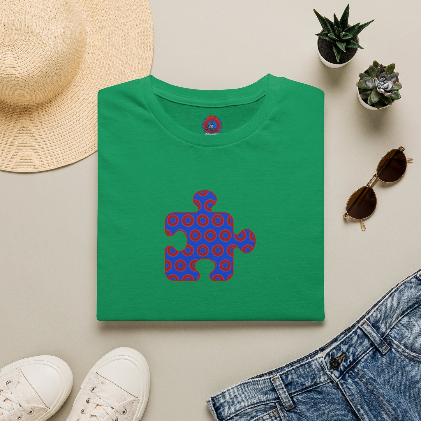 Classic Donut Tee - Unisex Soft-Style - "Trey's Completed Donut Pattern" - vivid red/blue puzzle pattern - variant 2
