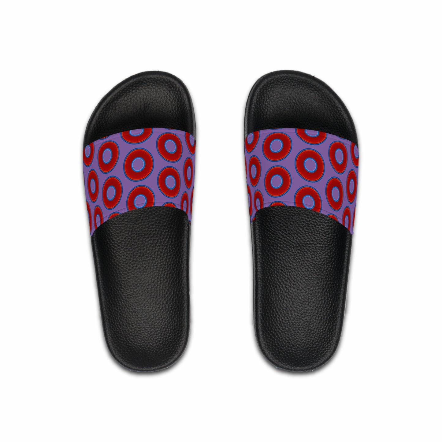 Men's Lumpy Sandals - slip-ons - red vivid donuts w/light purple background
