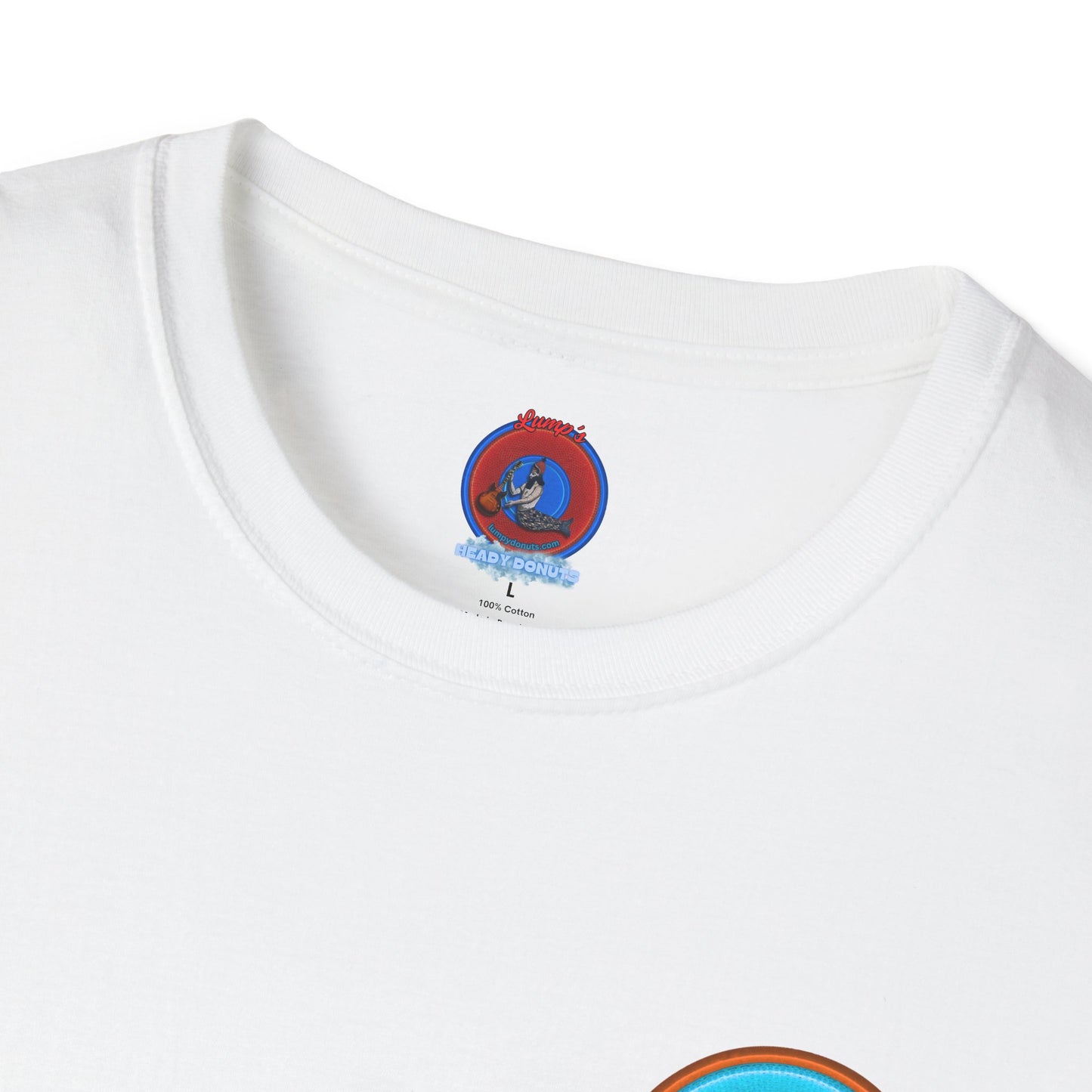 Classic Donut Tee - Unisex Soft-Style - "Cadillac Rainbow Spaghetti Incident" - series 1.0  - variant 2 - blue/orange donut