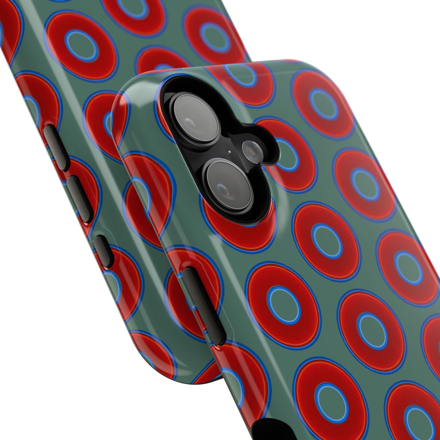 Impact-Resistant Lumpy Donut Case - red vivid donut print w/Fenway green background