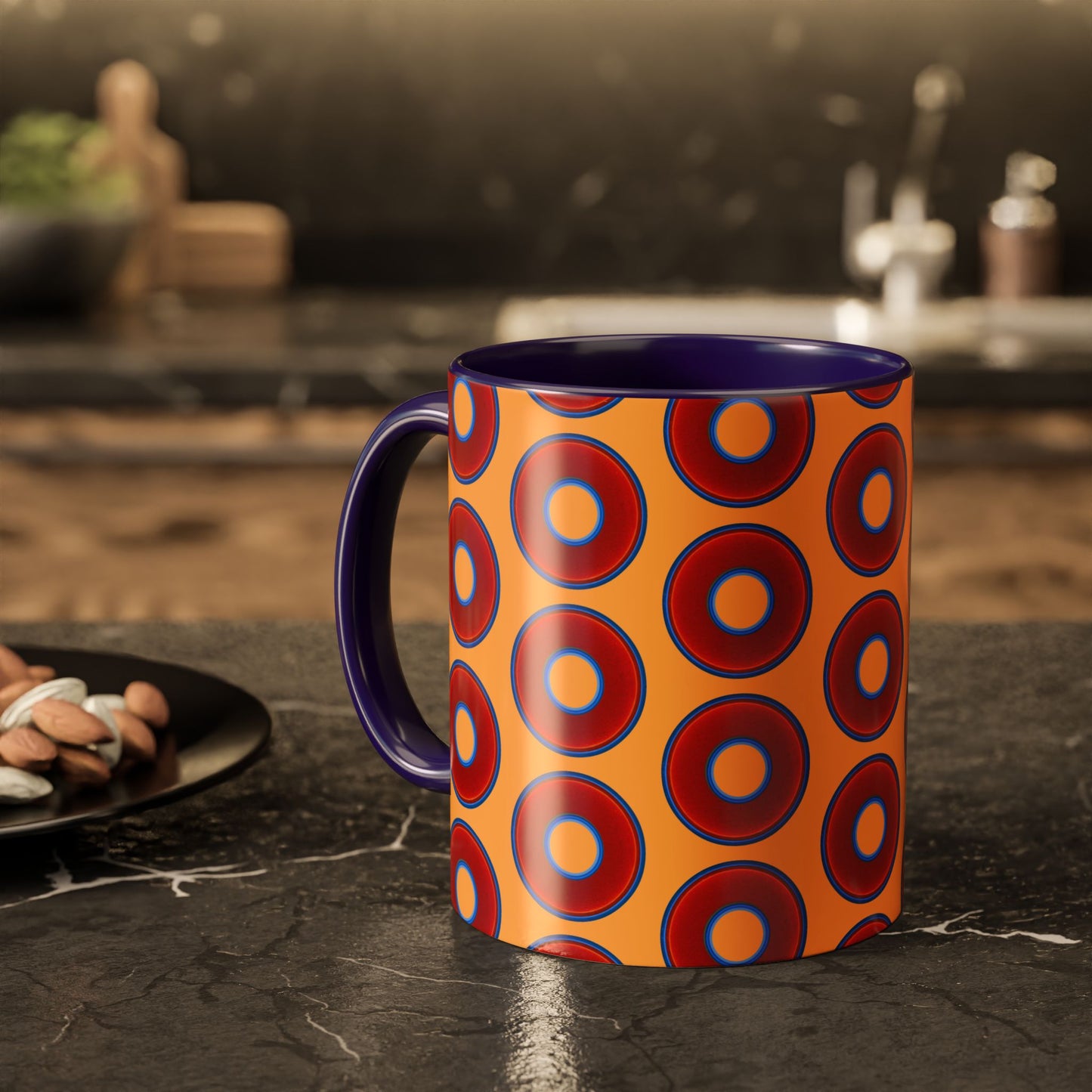 Lump's Grumpy Coffee Mug - vivid red donuts w/creamsicle orange background