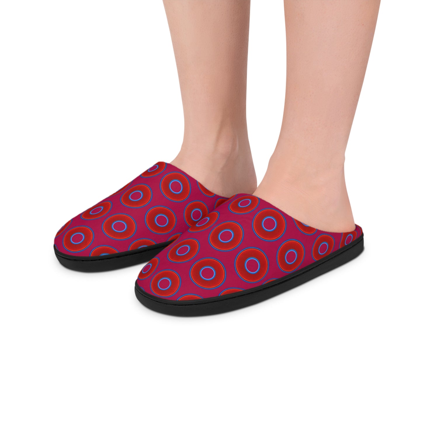 Men's Lumpy Slippers - red vivid donut print w/dark magenta background