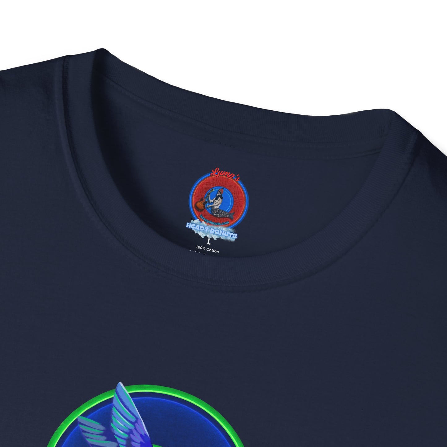 Classic Donut Tee - Unisex Soft-Style - "Invitation for Donuts & Tea" - vivid blue/green donut