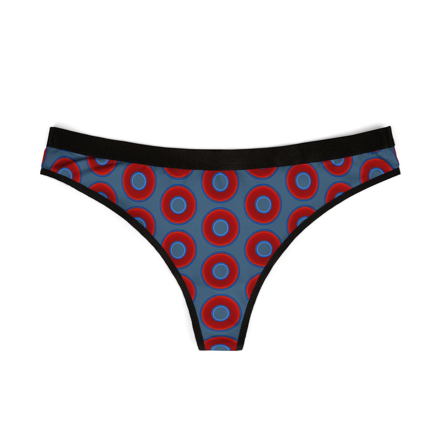 Lumpy Donut Thongs - red vivid donut print w/steel blue background