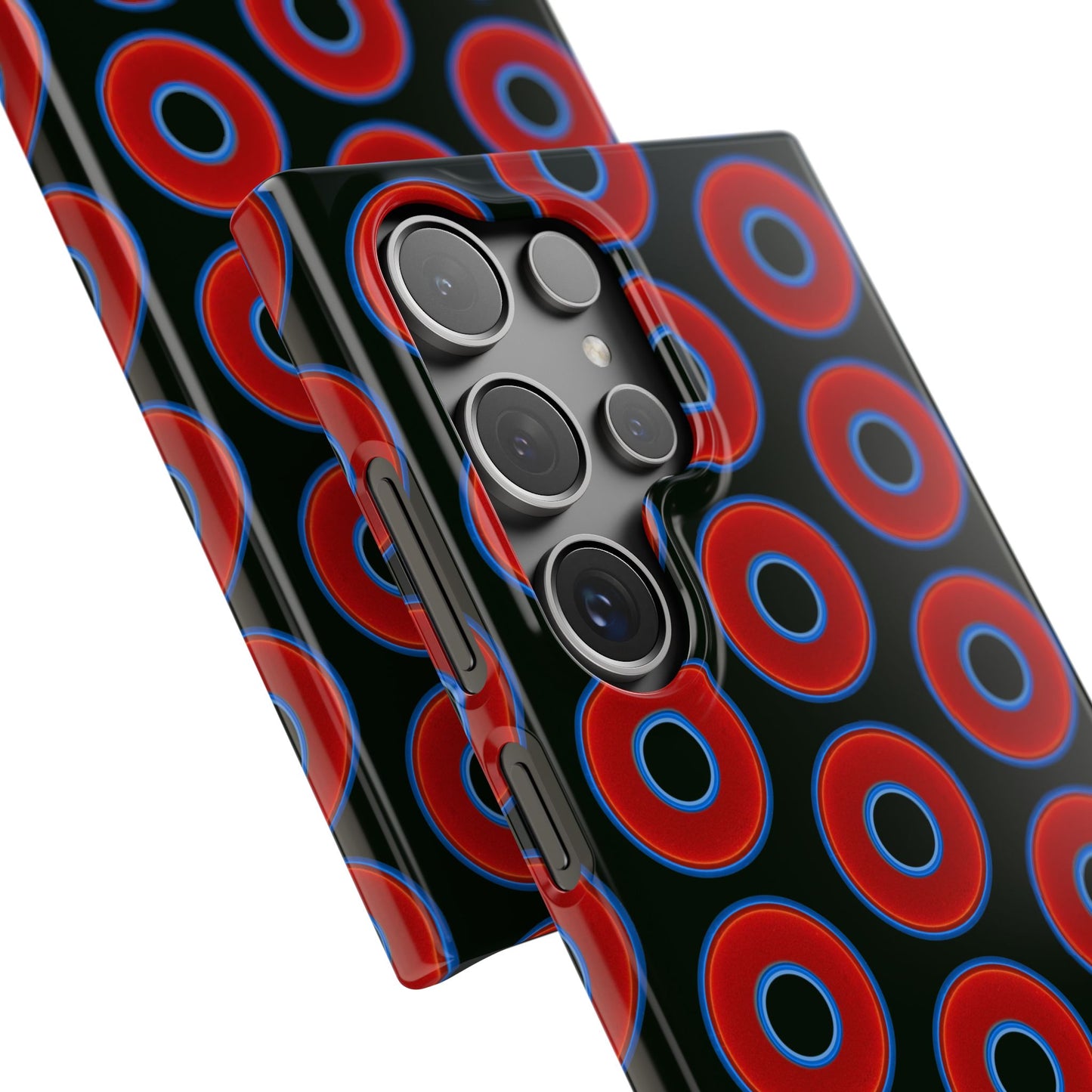 Lumpy Donut Snap Case - red vivid donut print w/midnight moss green background
