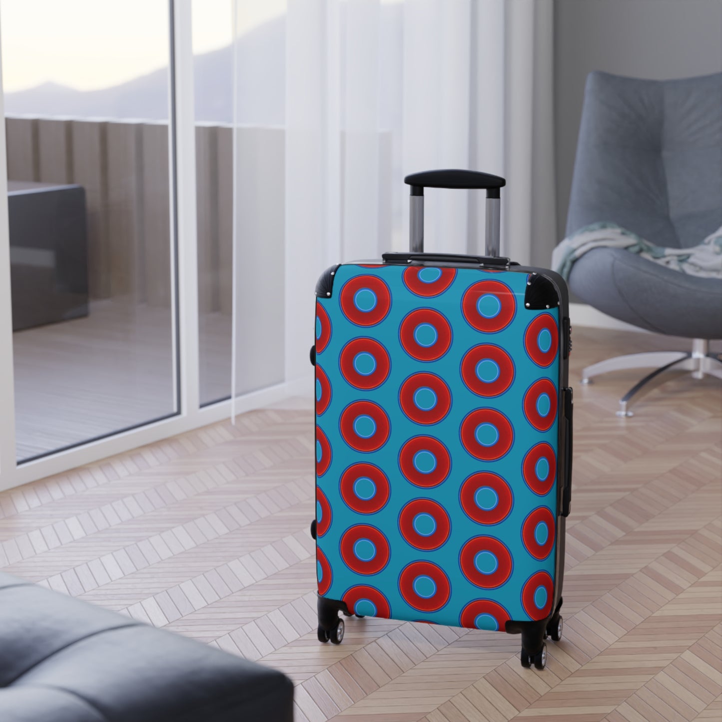 Very Lumpy Donut Suitcase series - your choice of S, M or L - vivid red donut print w/aquamarine blue background
