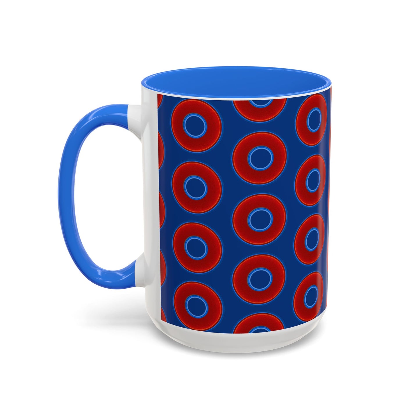 Lump's Grumpy Coffee Mug - vivid red donuts w/dark blue background