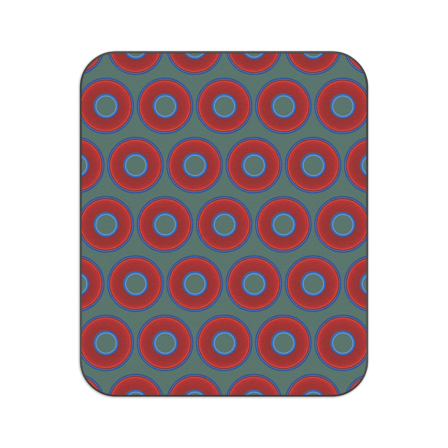 The Lumpy Party Blanket - giant water-resistant outdoor blanket [61" x 51"] - vivid red donuts w/Fenway green background
