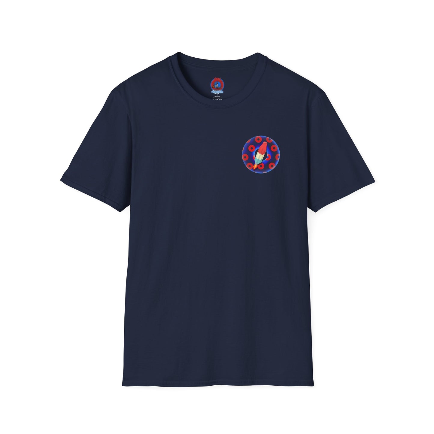 Classic Donut Tee - Unisex Soft-Style - "Blow this Popsicle Stand" - blue/red paradox bomb pop donut - variant 1