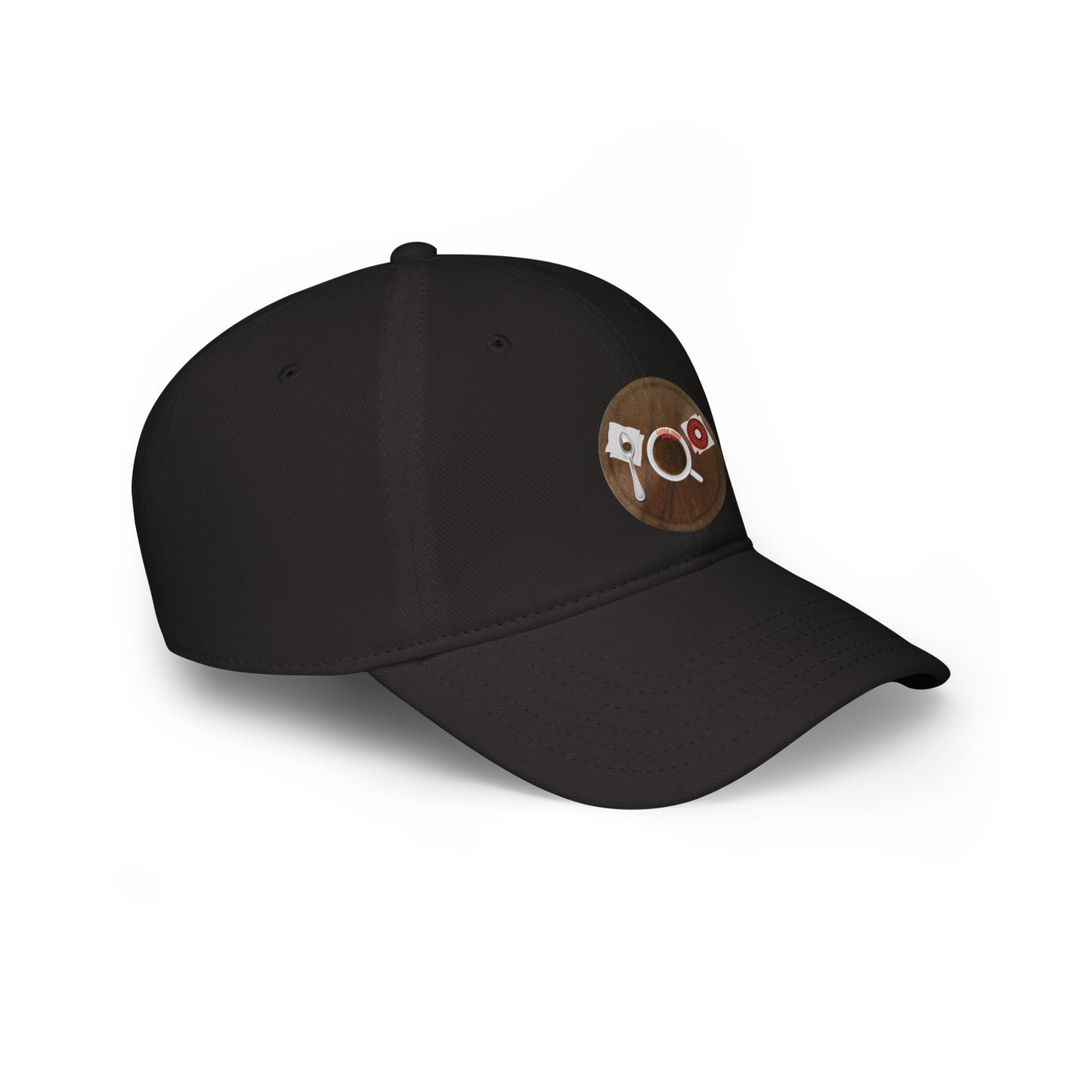 Lumpy Donut Baseball Cap - "Coffee w/my Donuts Cap" - wooden table donut w/