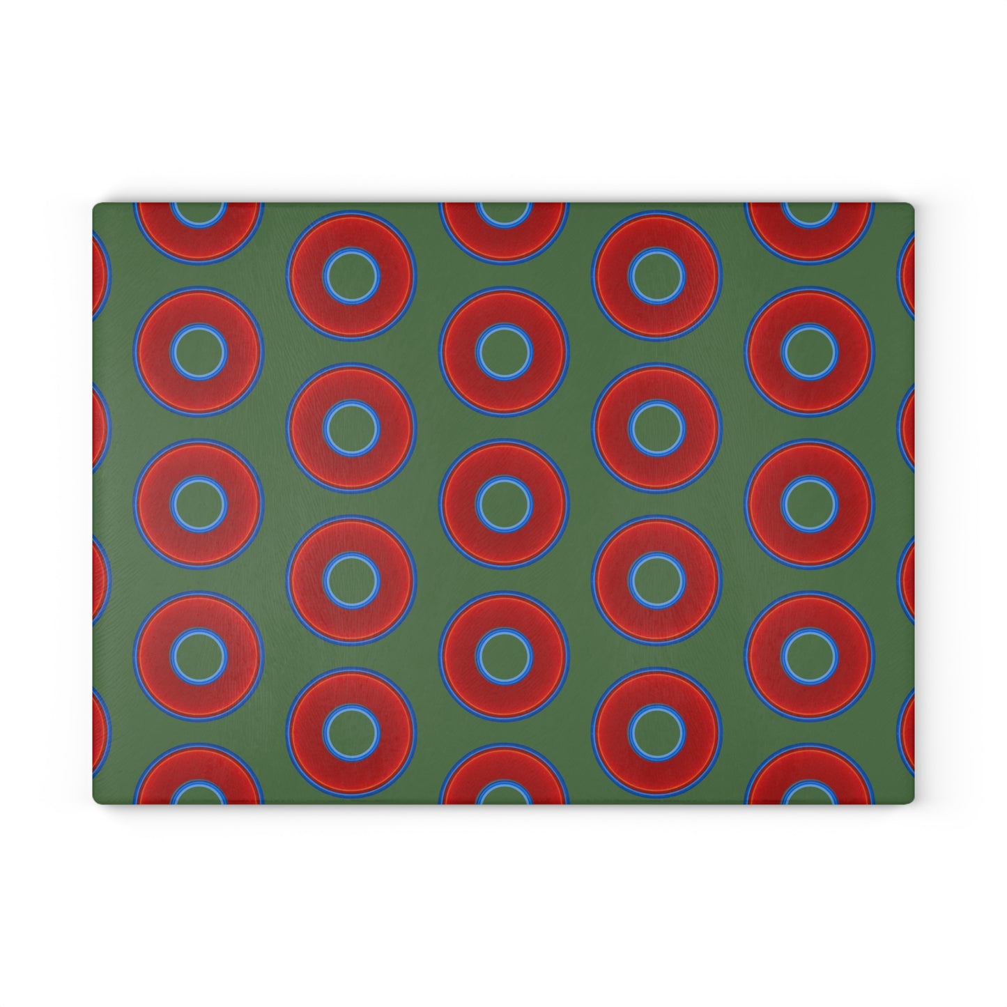 My Friend's Cutting Board - vivid red donuts w/dark green background