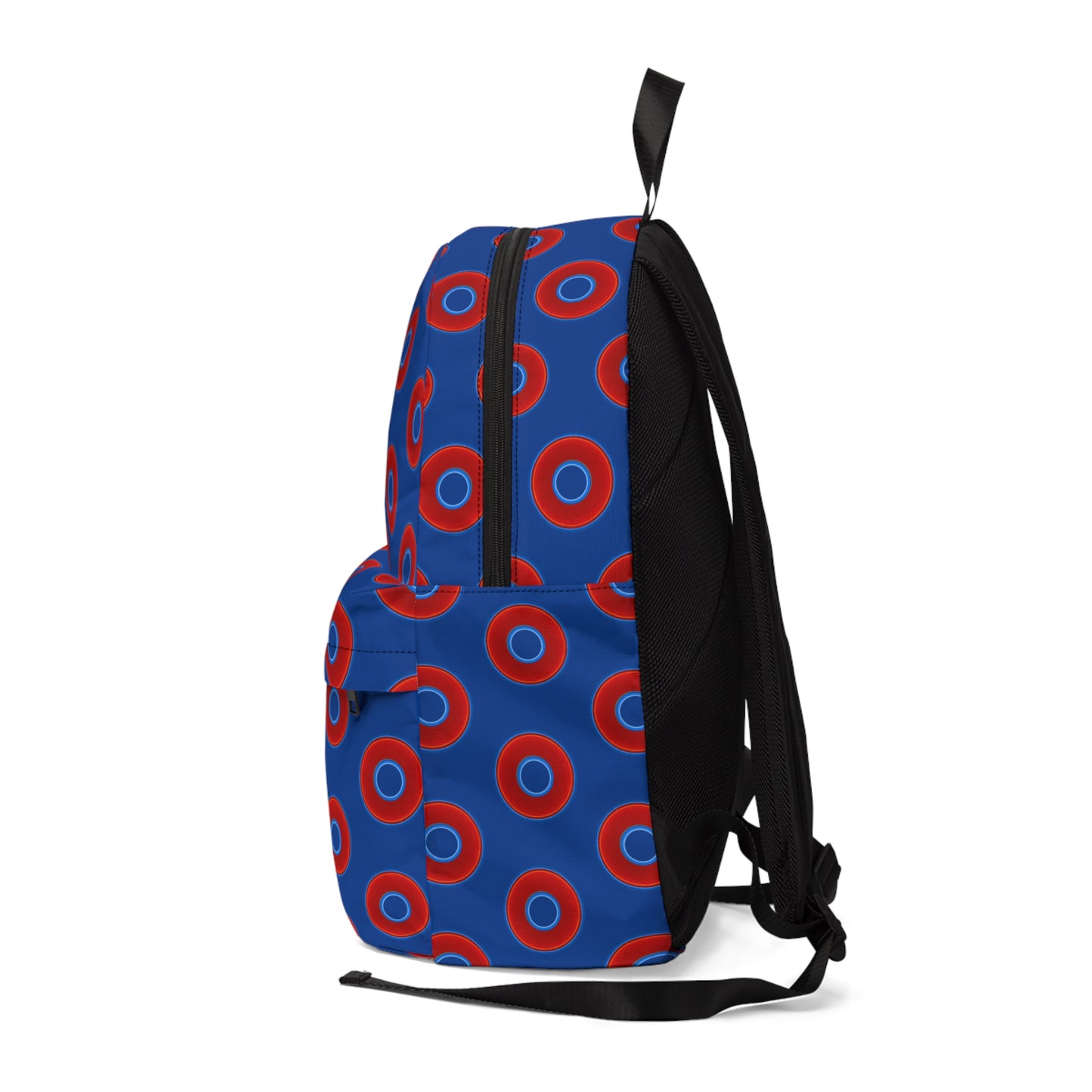 Donut Backpack - red vivid donuts w/dark blue background