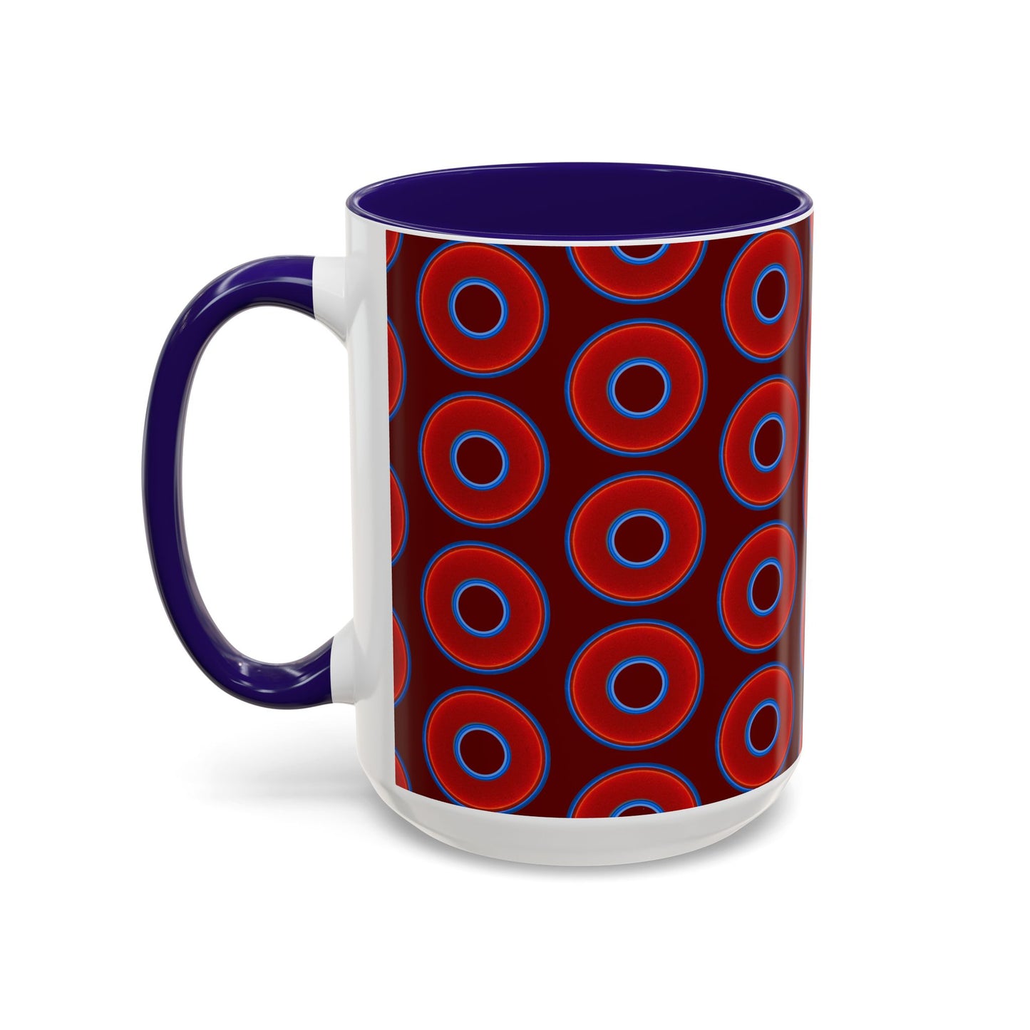 Lump's Grumpy Coffee Mug - vivid red donuts w/dark red background