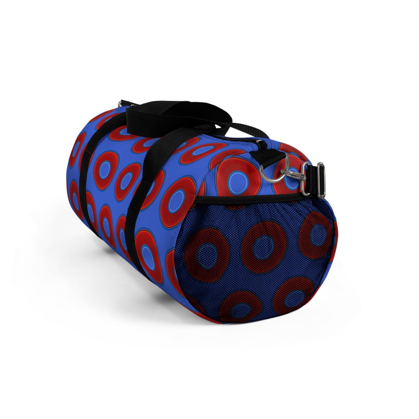 Lumpy Duffel - vivid red donuts w/royal blue background