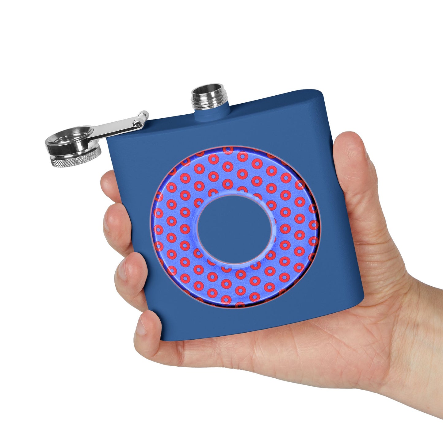 Lump's Donut Flask 6 oz -  Light Blue/Red Electric Paradox Donut - [*w/your choice of 5 backgrounds]