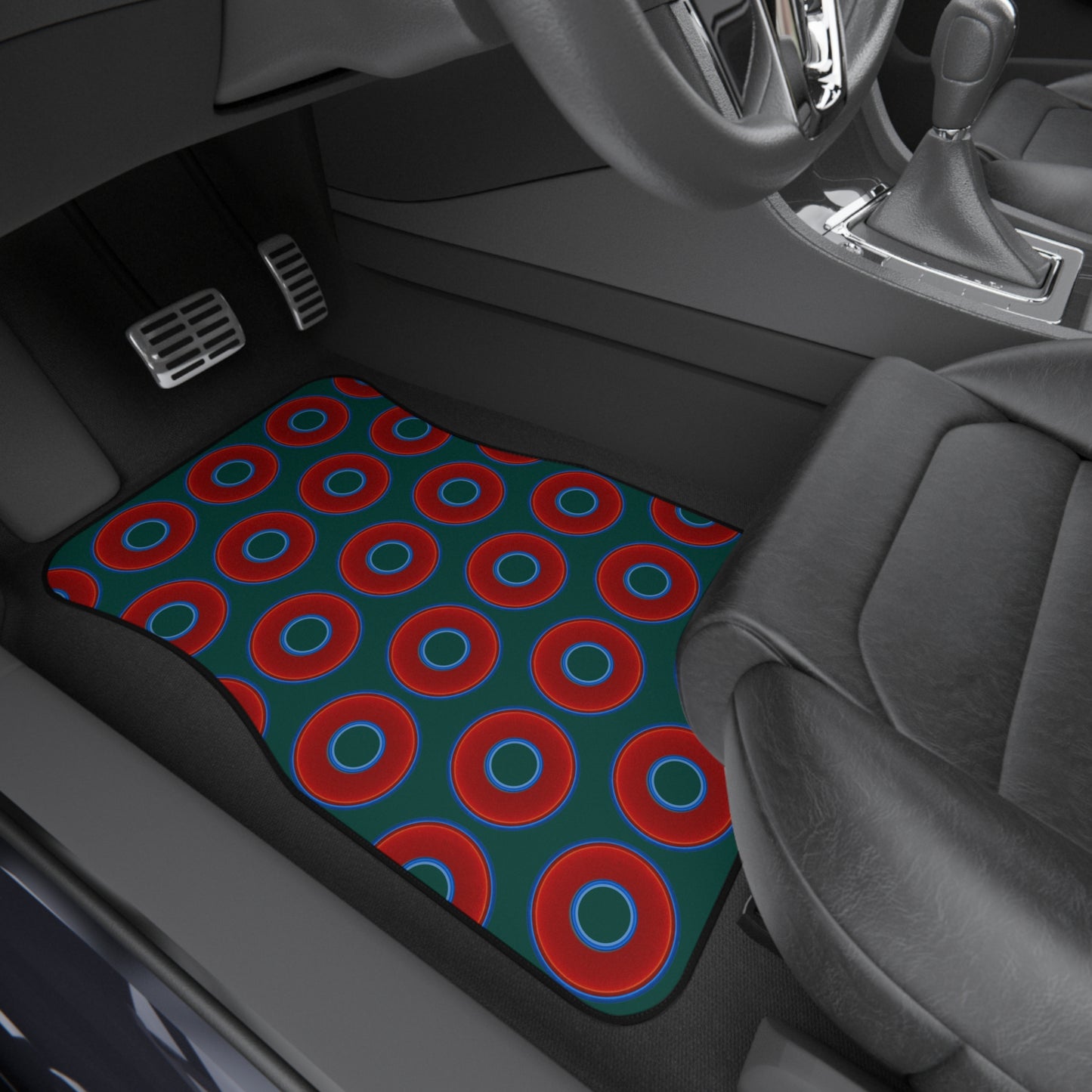 Contacted Car Mats - vivid donut print w/dark Fenway green background