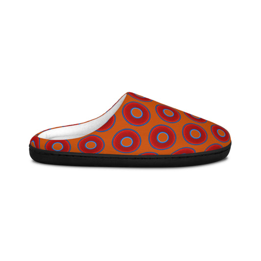 Women's Lumpy Slippers - red vivid donut print w/orange background