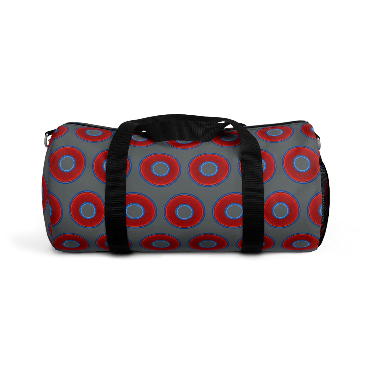 Lumpy Duffel - vivid red donuts w/dark gray background