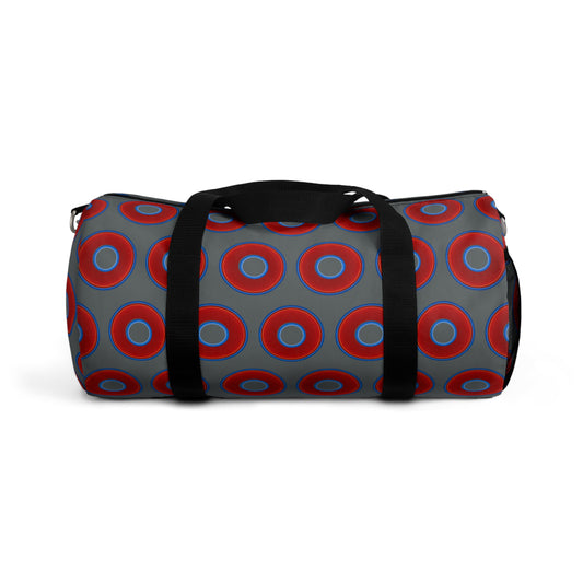 Lumpy Duffel - vivid red donuts w/dark gray background