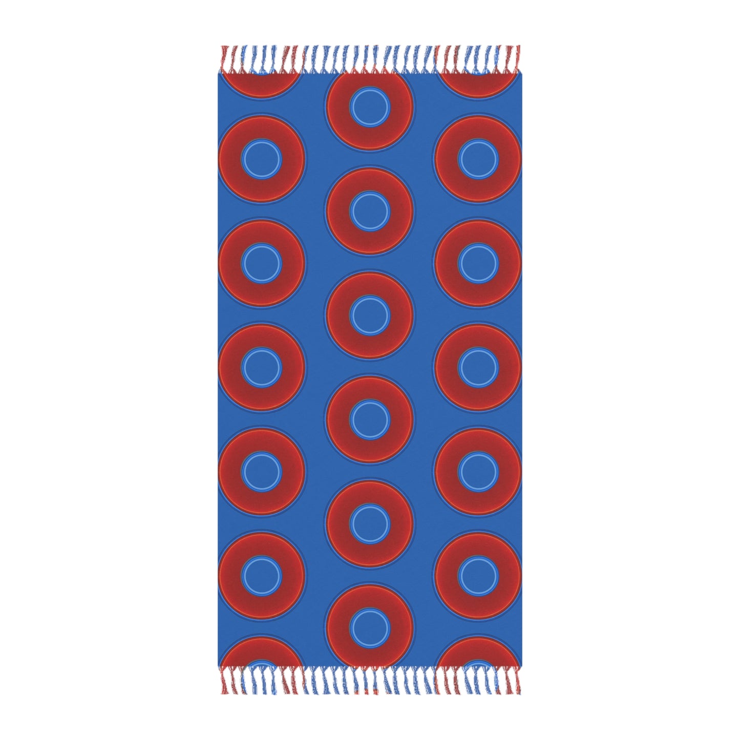Oversized Lumpy Beach Towel - vivid red donuts w/dark royal blue background