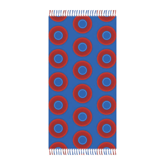 Oversized Lumpy Beach Towel - vivid red donuts w/dark royal blue background