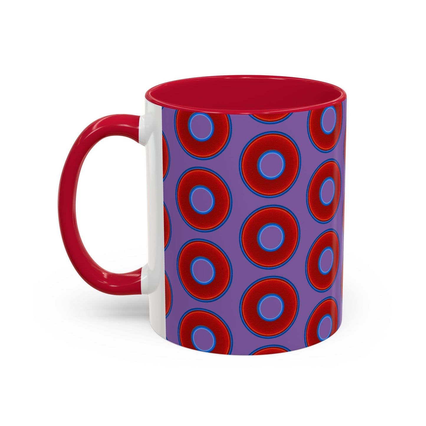 Lump's Grumpy Coffee Mug - vivid red donuts w/light purple background