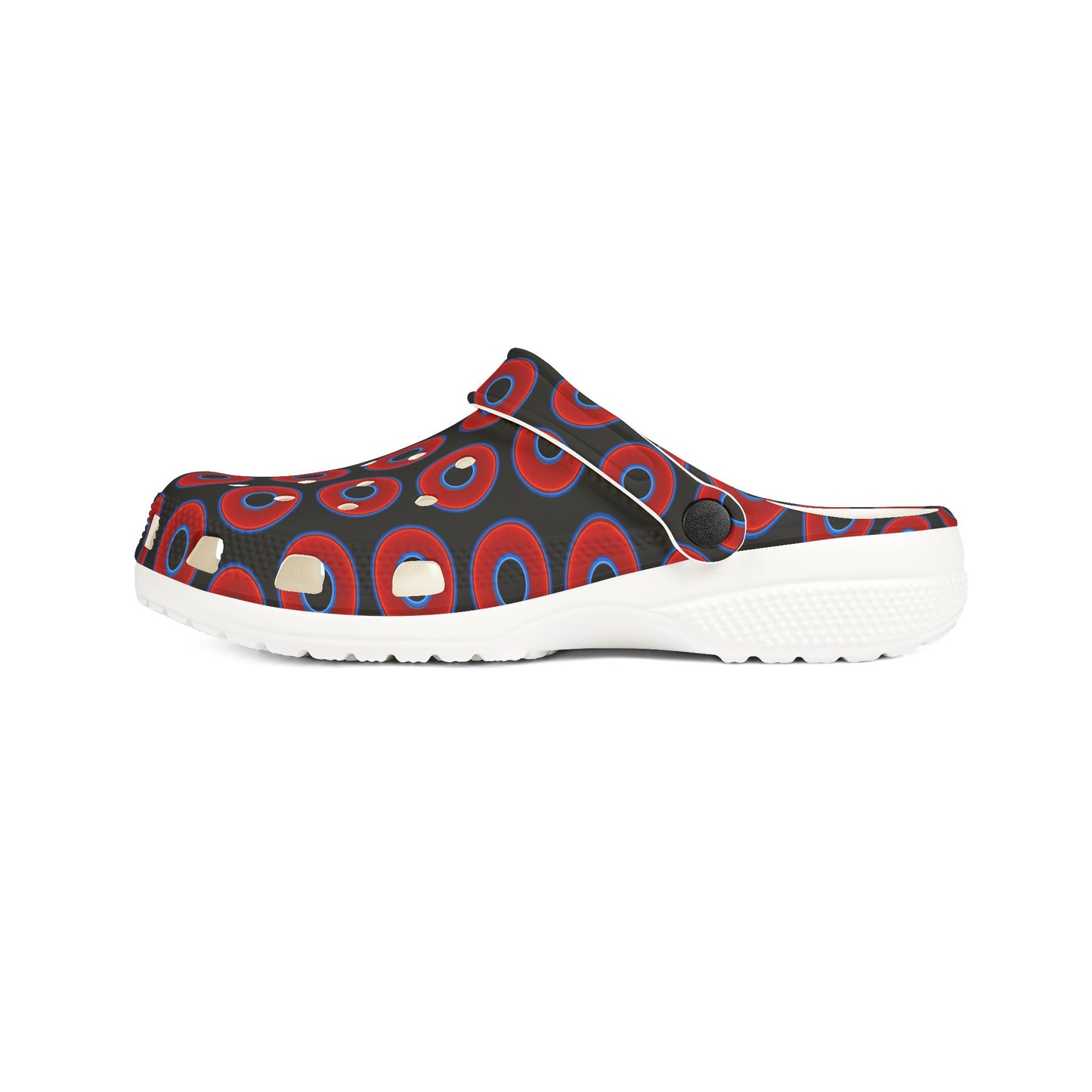 Spatchcocks - donut slip-on shoes - vivid red donuts w/black background [unisex]