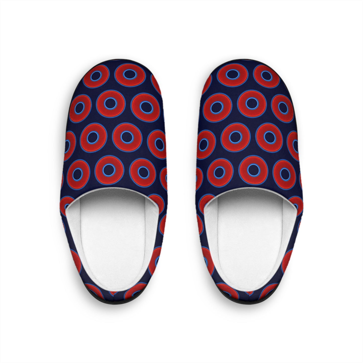 Men's Lumpy Slippers - red vivid donut print w/dark navy blue background