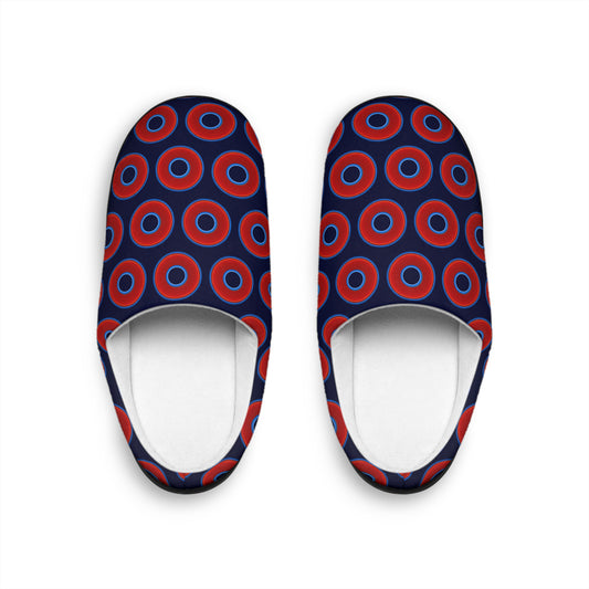 Men's Lumpy Slippers - red vivid donut print w/dark navy blue background
