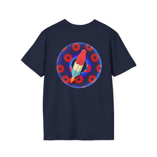 Classic Donut Tee - Unisex Soft-Style - "Blow this Popsicle Stand" - blue/red paradox bomb pop donut - variant 1