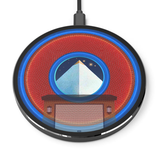 The Flow - Wireless Lumpy Donut Chargers - "Limestone Wireless Donut Chargers So Large " - rustic red/blue donut w/navy blue background - variant 2