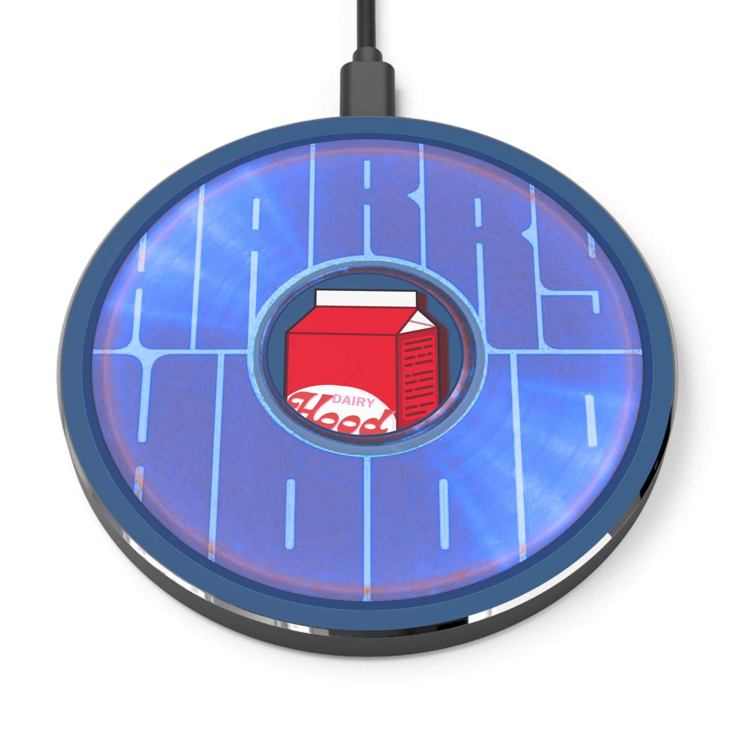 The Flow - Wireless Lumpy Donut Chargers - "Harry's Preferred Donut" - vivid blue/violet word donut w/black background - variant 3